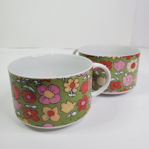 Flower Soup Mugs 2835 JAPAN Set of 2 Cups Coffee Retro 70's Vintage - Picture 1 of 8